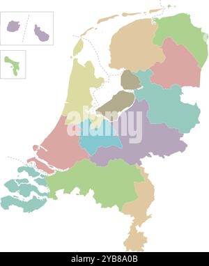 Vektor regionale leere Karte der Niederlande mit Provinzen, karibischen Sondergemeinden und Verwaltungseinheiten. Editierbar und deutlich beschriftet l Stock Vektor