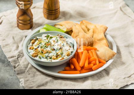 Hausgemachter persischer Borani-Dip mit Zwiebeln, Walnüssen und Joghurt Stockfoto