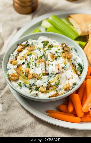 Hausgemachter persischer Borani-Dip mit Zwiebeln, Walnüssen und Joghurt Stockfoto