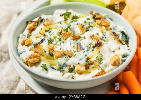 Hausgemachter persischer Borani-Dip mit Zwiebeln, Walnüssen und Joghurt Stockfoto