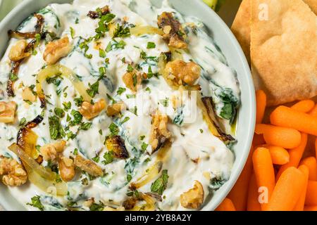 Hausgemachter persischer Borani-Dip mit Zwiebeln, Walnüssen und Joghurt Stockfoto