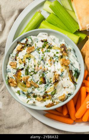 Hausgemachter persischer Borani-Dip mit Zwiebeln, Walnüssen und Joghurt Stockfoto