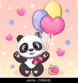 Süßer Karikaturpanda mit Ballons und Schnecke. Vektor-Illustration des Tieres auf einem rosa Hintergrund mit Herzen und Sternen. Stock Vektor