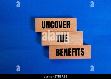 Decken Sie die Nachricht „Vorteile“ auf Holzblöcken mit blauem Hintergrund ab. Entdecken Sie das Symbol „Vorteile“. Kopierbereich. Stockfoto