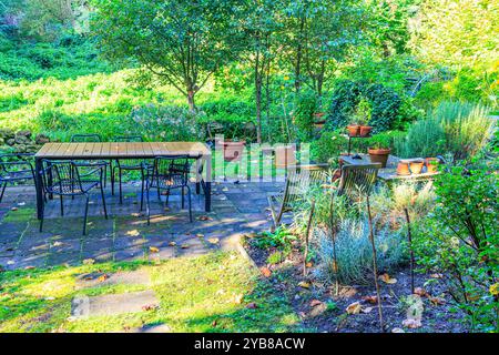 Etwas vernachlässigter Hinterhof des Landhauses mit Holztisch und Metallstühlen, Tontöpfen, Bäumen und wilder Vegetation in verschwommenem Hintergrund, sonnige Summe Stockfoto