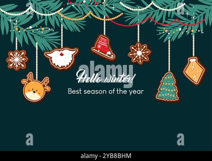 Handgezeichnetes Winterbanner mit Tanne, Girlanden und Weihnachtskuchenkeksen. Stock Vektor