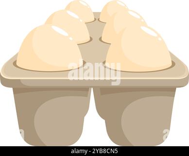 Sechs frische weiße Eier liegen in einer Eierbox aus Pappe, die zum Frühstück oder Backen bereit sind Stock Vektor