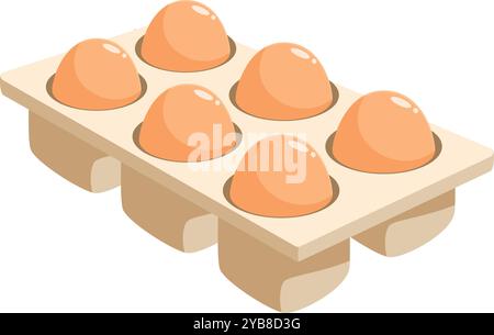 Sechs frische braune Eier liegen in einem Eiertablett aus Pappe, die zum Frühstück bereit sind Stock Vektor