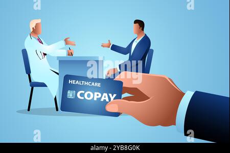 Mann, der sich mit seinem Arzt berät, mit einer Hand, die eine Kopay-Karte im Vordergrund hält. Ideal für Gesundheitswesen, medizinische Konsultationen, Versicherungen Stock Vektor