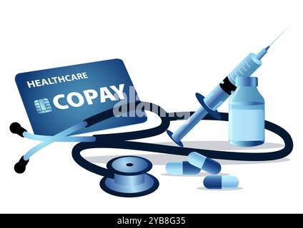 Vektor-Illustration eines Stethoskops, eines Medikaments, einer Kapsel und einer Spritze mit einer Healthcare-Kopay-Karte. Konzept für Krankenversicherung , medizinische Leistungen Stock Vektor