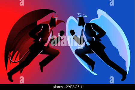 Engel und Teufel in Geschäftsanzügen, symbolisiert den Konflikt zwischen Ethik und Korruption in der Unternehmenswelt. Moralisches Dilemma Stock Vektor