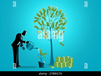 Betriebswirtschaftliche Konzeptillustration einer Geschäftsmann-Bewässerungsanlage mit Geldblättern. Compounding Effect, Investment, Business Growth Concept Stock Vektor