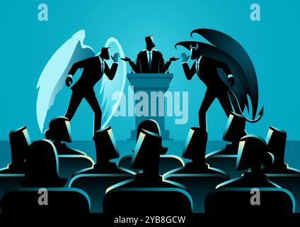 Mann auf dem Podium, gefangen zwischen einem Engel auf der rechten und einem Teufel auf der linken Seite. Symbolisiert moralischen Konflikt, Entscheidungsfindung und inneren Kampf zwischen ihnen Stock Vektor