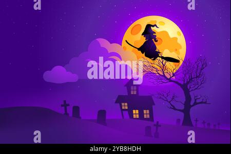 Cartoon-Silhouette einer Hexe, die auf ihrem Besenstiel vor Vollmond-Hintergrund fliegt, in einer dunklen, düsteren Landschaft. Perfekt für Halloween-Profis Stock Vektor