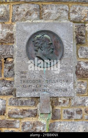 Opatija, Kroatien - 08. Oktober 2024: Bronzetafel zum Denkmal für Theodor Billroth an der Kirchenmauer. Stockfoto