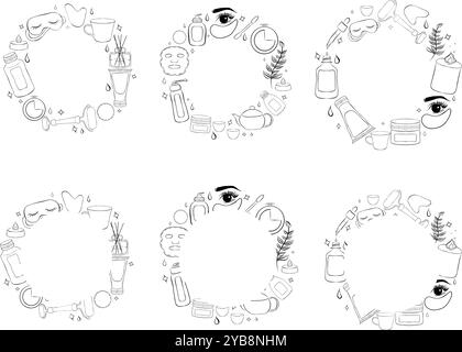 Vektorkosmetik-Liniensatz mit runden Rahmen. Runde Vorlagen mit Doodle-Elementen. Kann für Grußkarten-, Poster- und Bannerdesign verwendet werden. Stock Vektor