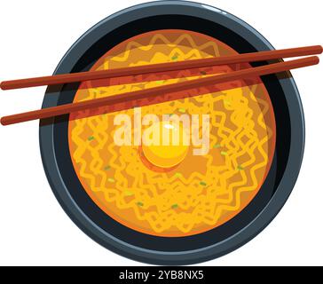 Heiße Schüssel Ramen-Nudeln mit einem zerbrochenen Ei und Essstäbchen darauf Stock Vektor