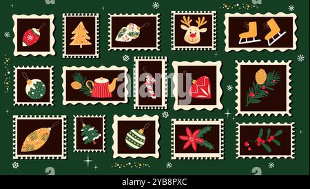 Sammlung von handgezeichneten Briefmarken mit Winter- und Weihnachtssymbolen und Pflanzen. Stock Vektor