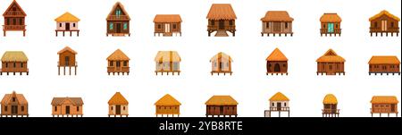 Tropische Dschungel-Haus-Ikonen gesetzt. Bungalowhaus Ikonen gesetzt. Cartoon-Stil von 25 Bungalow Haus Vektor-Icons für Web für jedes Design Stock Vektor