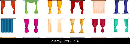 Gesimsvorhänge Icons Set. Set von farbenfrohen Vorhängen an Gesimsen Wohnkultur Elemente für Wohnzimmer oder Schlafzimmer Stock Vektor