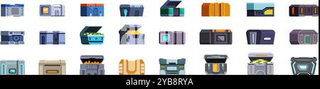 Symbole für SCI-fi-Boxen gesetzt. Sammlung verschiedener geschlossener und geöffneter Science-fiction-Container mit wertvollen Ressourcen, Energie oder futuristischen Waffen Stock Vektor