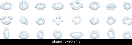 Smoke Ring Wolke Symbole gesetzt. Bilder mit Rauchexplosion in Zeichentrickfilmen, die verschiedene Bewegungsstufen zur Animation zeigen Stock Vektor