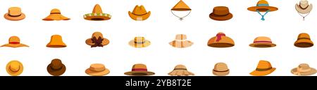 Symbole für Strohkopfbekleidung eingestellt. Dieses Set von Hüten umfasst eine Vielzahl von Stilen, die verschiedene Kulturen und Berufe repräsentieren Stock Vektor
