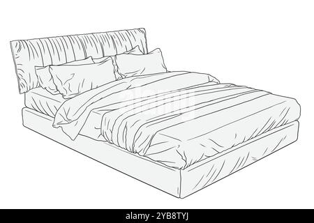 Großes Doppelbett mit Decke und Kissen isoliert auf weißem Hintergrund. Möbel für Haus und Hotel Stock Vektor