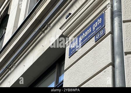 Oslo, Norwegen. Oktober 2024. Ein Schild weist auf das Karl Johans Gate, die zentrale Einkaufsstraße in Oslo, die vom Hauptbahnhof zum Königspalast führt. Quelle: Steffen Trumpf/dpa/Alamy Live News Stockfoto