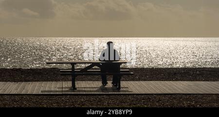 Silhouette eines Mannes, der auf einer Bank sitzt und auf das Meer blickt Stockfoto