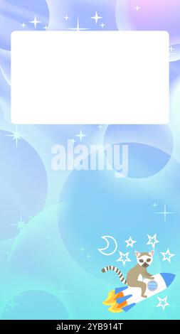 Eine lustige und verspielte Instagram-Story-Vorlage mit blauem Hintergrund, Bokeh-Effekt und einem niedlichen Lemur, der auf einer Rakete reitet. Perfekt für Abenteuer Stock Vektor