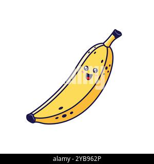 Niedliche Kawaii Banana Figur. Vektor Hand gezeichnete Zeichentricksymbol Illustration. Bananenfigur im Doodle-Stil. Stock Vektor