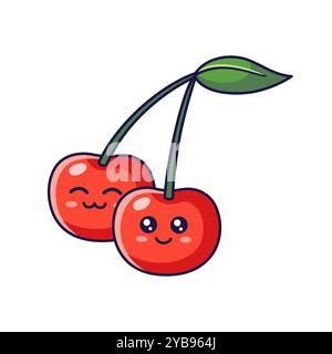 Süßer Kawaii Cherry Charakter. Vektor Hand gezeichnete Zeichentricksymbol Illustration. Kirschfigur im Doodle-Stil. Stock Vektor