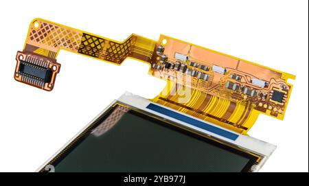 Flex-Leiterplatte im Mobiltelefon. Handy-LCD-Anzeige mit RGB-LED-Diodenmuster auf FPC-Kabel mit Kupferschicht und elektronischen Teilen. Stockfoto