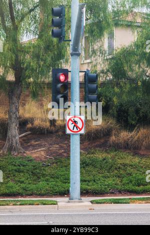 Ein Schild ohne Fußgängerübergang an der Ampelstange Stockfoto