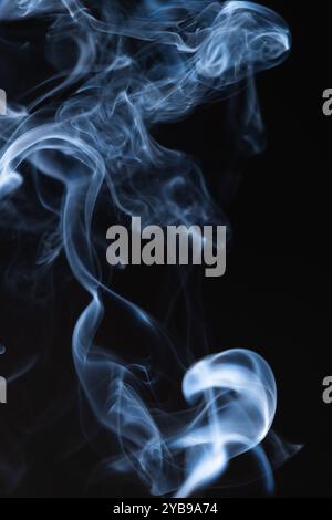 Das Bild zeigt weiche, sich kräuselnde Ranken aus Rauch, die anmutig auf einem tiefschwarzen Hintergrund aufsteigen und eine Atmosphäre von Geheimnis und Ruhe wecken. Stockfoto