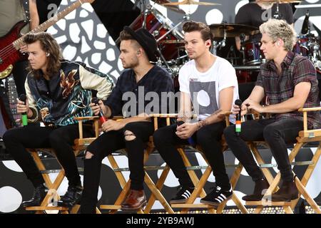 Harry Styles, Liam Payne, Louis Tomlinson und Niall Horan von One Direction treten im New Yorker Central Park auf. Stockfoto