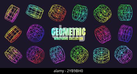 Neon-beschichtete Drahtmodellformen. Perspektivisches Netz, 3D-Raster. Geometrische Elemente mit niedrigem Poly. Futuristische Retro-Designelemente, y2k, Vaporwave und Synthwave Stock Vektor