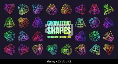 Neon-beschichtete Drahtmodellformen. Perspektivisches Netz, 3D-Raster. Geometrische Elemente mit niedrigem Poly. Futuristische Retro-Designelemente, y2k, Vaporwave und Synthwave Stock Vektor