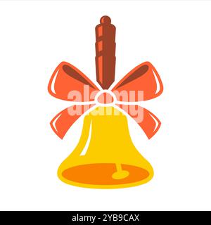 Gelbe Glocke mit roter Schleife. Klingelton für den Unterricht. Stock Vektor