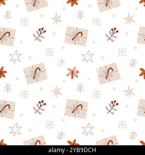 Neujahrsweihnachtliches Wintermuster mit Süßigkeiten, Geschenkboxen, Weihnachtsstern und Sternen und Schneeflocken auf weißem Hintergrund. Geeignet für Verpackung, Wrappi Stock Vektor