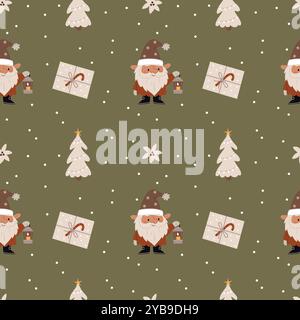 Neujahrsweihnachtliches Wintermuster mit Gnomen, Weihnachtsmann, Schneeflocken, Weihnachtsstern auf grünem Hintergrund. Geeignet für Verpackung, Geschenkpapier, Wandverkleidung Stock Vektor