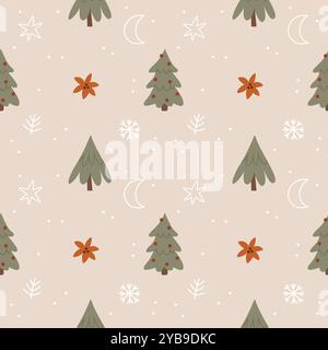 Neujahrsweihnachtliches Wintermuster mit Weihnachtsbäumen, Schneeflocken, Sternen, Weihnachtsstern auf beigefarbenem Hintergrund. Geeignet zum Verpacken, Verpacken von Papppräparaten Stock Vektor