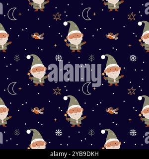 Silvester Weihnachten Winter Muster mit Gnomen, Weihnachtsmann, Schneeflocken, Weihnachtsstern, Geschenke, Sterne, Äste auf blauem Hintergrund. Geeignet für Verpackung, Verpackung Stock Vektor
