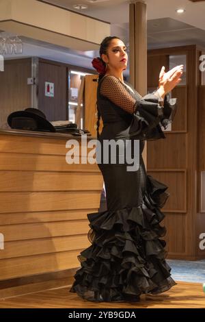 Flamingo (Flamenco) Tänzer treten an Bord einer Wikingerfahrt auf dem Duoro in Portugal auf Stockfoto
