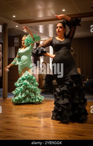 Flamingo (Flamenco) Tänzer treten an Bord einer Wikingerfahrt auf dem Duoro in Portugal auf Stockfoto