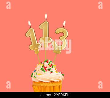 Geburtstagsnummer 113 - Goldene Kerze mit Cupcake Stockfoto
