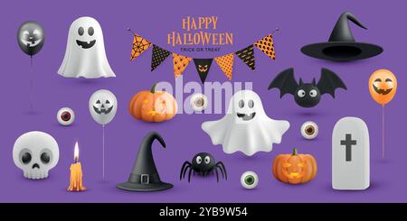 3D Halloween Cartoon Icons Set. Gruselige, süße, lustige Halloween-Illustrationen für festliche Dekoration. „Trick or Treat“, „Haunted“-Konzept. Halloween-Cartoon Stock Vektor