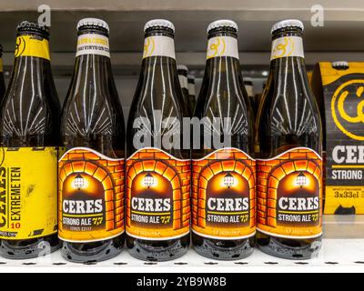 Italien - 17. Oktober 2024: Ceres Strong Ale 7,7 Bier in Glasflaschen in Regalen zum Verkauf im italienischen Supermarkt Stockfoto