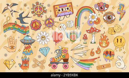 Groovige Hippie-Symbole und -Elemente im Retro-Zeichentrick. Vektorblumen, Regenbögen, Herzen und Friedenszeichen, glückliche Emojis, gute Stimmung funky Pilze und Augen. Psychedelisches UFO, Hippie-Musikkassette und Würfel Stock Vektor